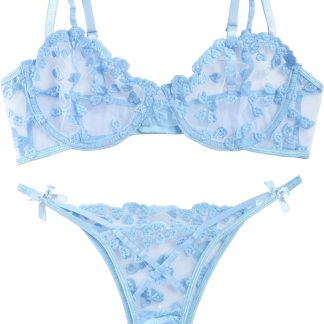 Lilosy Sexy Underwire Cute Push Up Strappy Embroidered Mesh Sheer Lingerie Set See Through Panty Bra