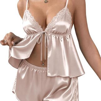 Ekouaer Womens Pajama Sets Sexy Satin Lace Lingerie Nightwear Bow Ties Camisole Tops and Shorts Soft Cute Pjs Set,S-XXL