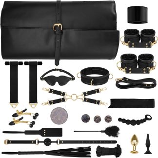 BDSM Bondage Restraints Sex Toys - 21PCS Leather Ankle Handcuffs Whips Ticklers Restraint Accessories with Storage Bag Adult Sex Game for Men Women Couples Foreplay | Black