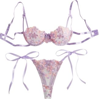 Lilosy Sexy Tie Side Cute Underwire Push Up Strappy Embroidered Mesh Sheer Lingerie Set
