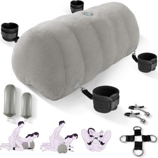 Sex Pillow Couples Sex Toys, Heart Shaped Inflatable Cushion Furniture for Bedroom Dildo Mount, Upsize Pillow with Bondage Cuffs, Cross Strap, Nipple Clamps BDSM Kit